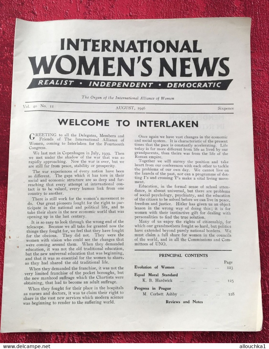 August 1946 International Women's News✔️Realist-Independent-Democratic -The Organ Of The International Alliance Of Women - Frauen