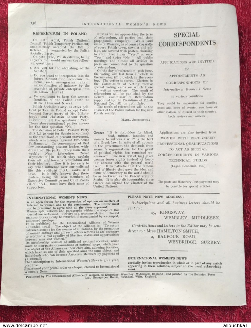 August 1946 International Women's News✔️Realist-Independent-Democratic -The organ of the international Alliance of women