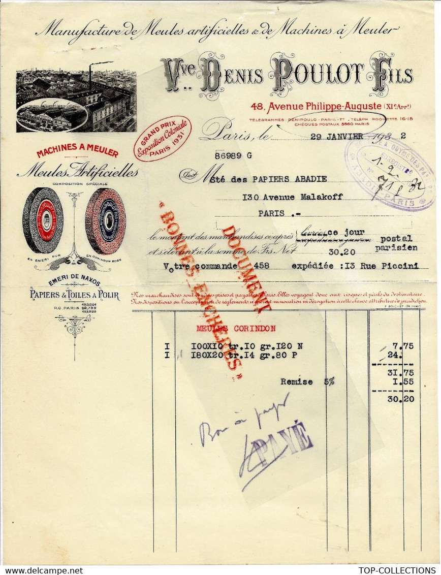 INDUSTRIE PARIS  1932  ENTETE Veuve Denis Poulot Fils Paris MANUFACTURE MEULES MACHINES A MEULER => Papiers Abadie Paris - 1900 – 1949