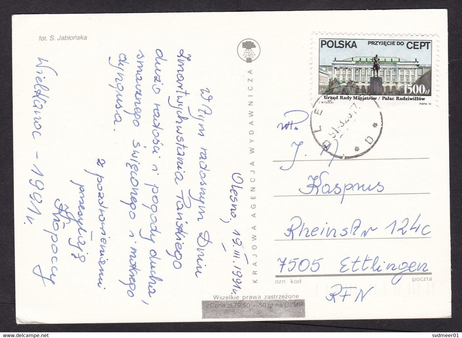 Poland: Picture Postcard To Germany, 1991, 1 Stamp, CEPT, Palace Building, Card: Easter Egg (traces Of Use) - Cartas & Documentos