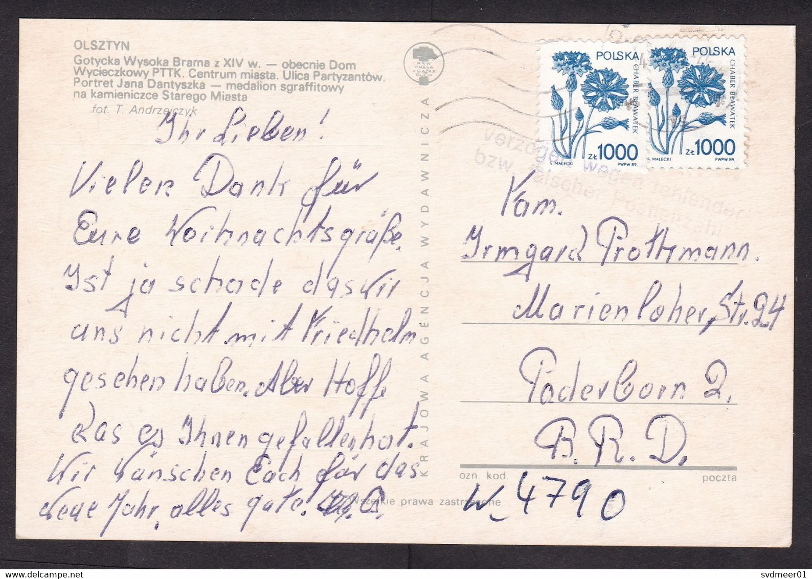 Poland: Picture Postcard To Germany, 1990s, 2 Stamps, Flower, Cancel Delayed No Postcode, Card: Olsztyn (traces Of Use) - Covers & Documents