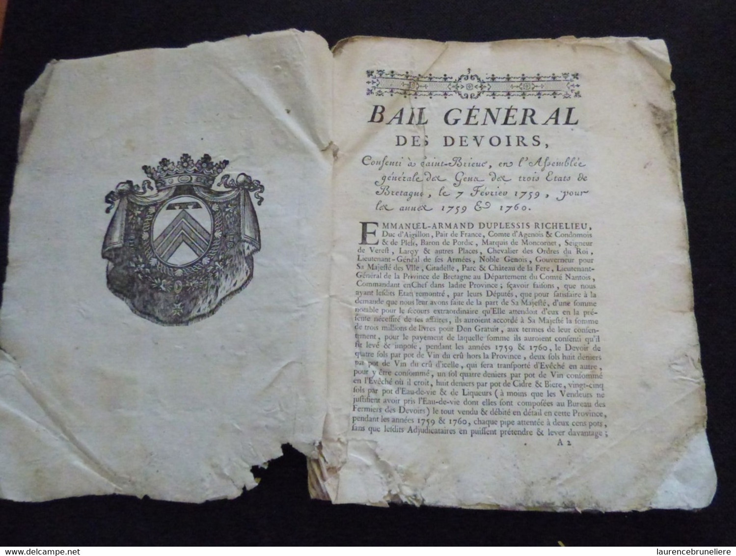 BAIL GENERAL DES DEVOIRS CONSENTI EN LA VILLE DE SAINT-BRIEUC LE 7 FEVRIER 1759 SUR PAPIER PARCHEMIN - Documents Historiques