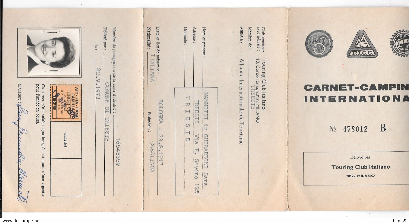 CARNET CAMPING INTERNATIONAL - TOURING CLUB ITALIANO MILANO 1976 - Wohnwagen