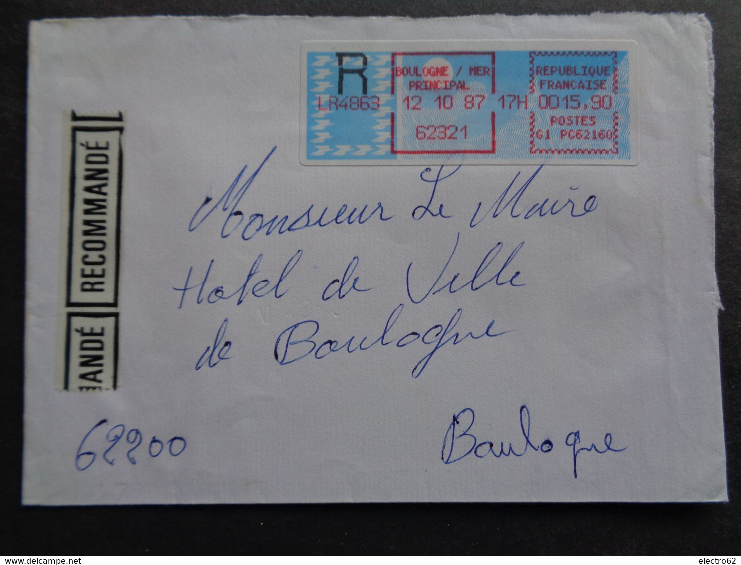 France Vignette Carrier Boulogne Sur Mer Principal 12-10-1987 G1 PC62160 R LR4863  Recommandé - Lettres & Documents