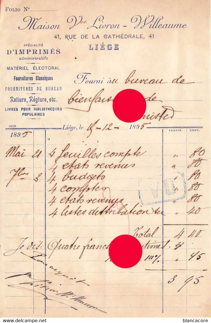 IMPRIMERIE 1895 LIEGE Vve  LIVRON WILLAUME - Drukkerij & Papieren