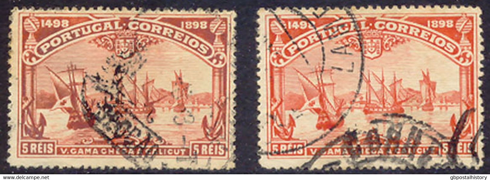 PORTUGAL 1898, Vasco Da Gama 5 R., ABART: Selt. Fehlfarbe Lilarot Statt Zinnober, Gest. Pra.-Stück M. Vergleichsexemplar - Used Stamps