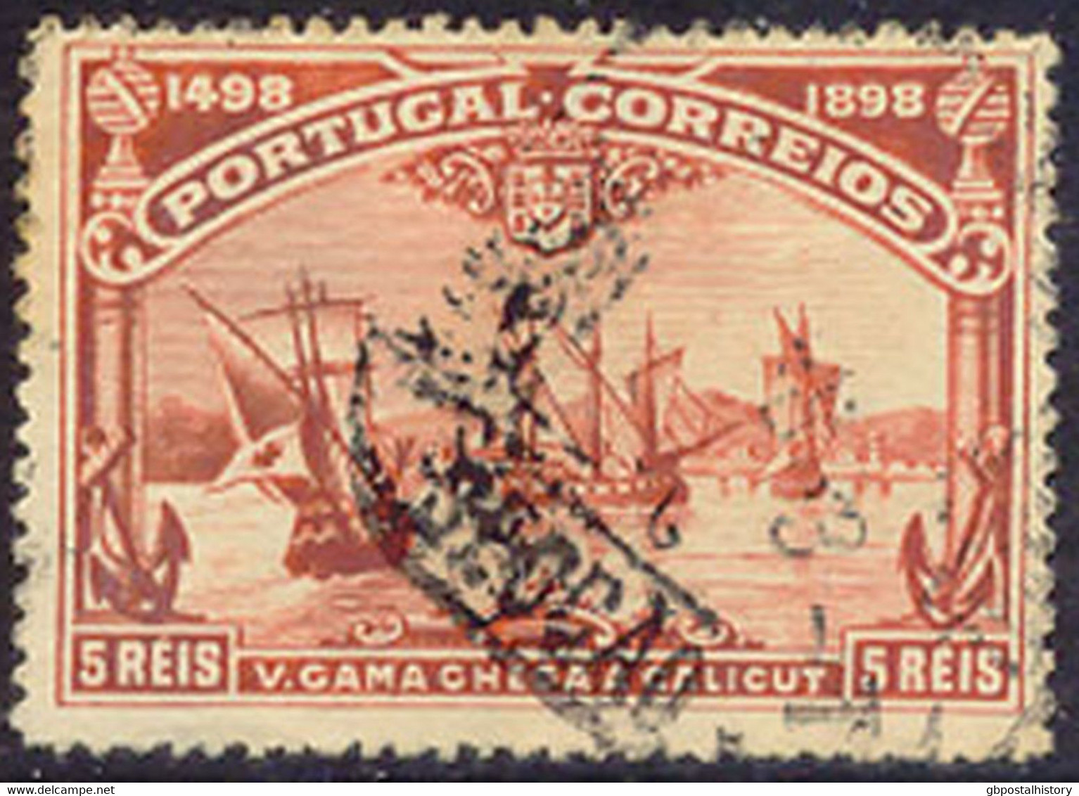 PORTUGAL 1898, Vasco Da Gama 5 R., ABART: Selt. Fehlfarbe Lilarot Statt Zinnober, Gest. Pra.-Stück M. Vergleichsexemplar - Usado