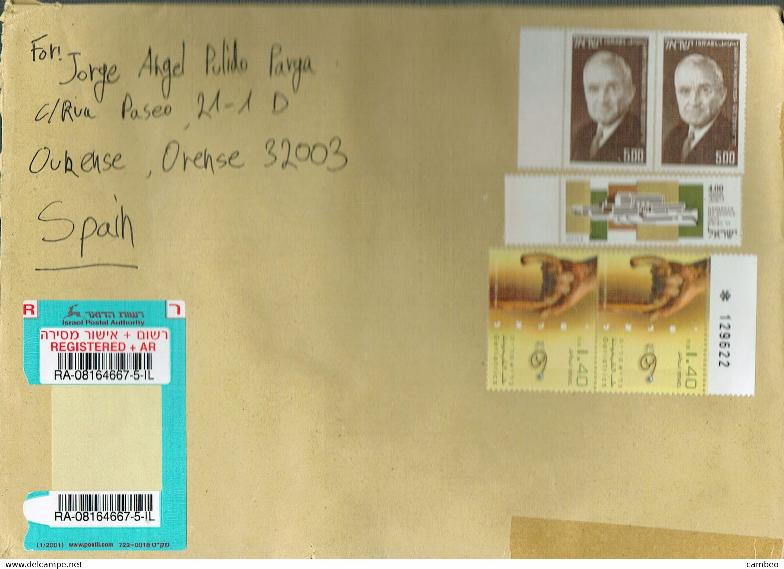 ISRAEL 2001 TO SPAIN  REGISTERED - Covers & Documents