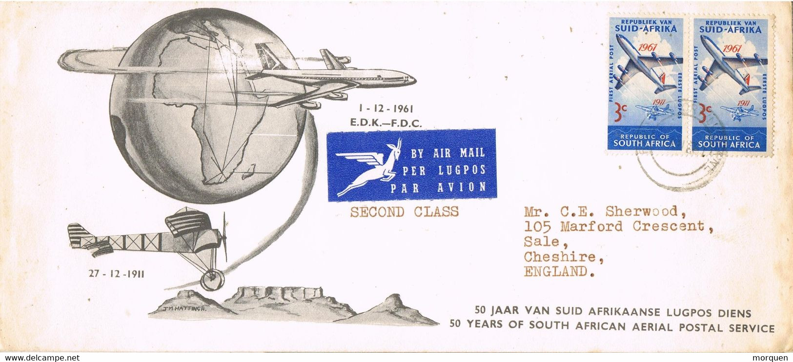 48491. Carta Aerea SOUTH AFRICA 1961. First Aerial Post (port Elisabeth) - Brieven En Documenten