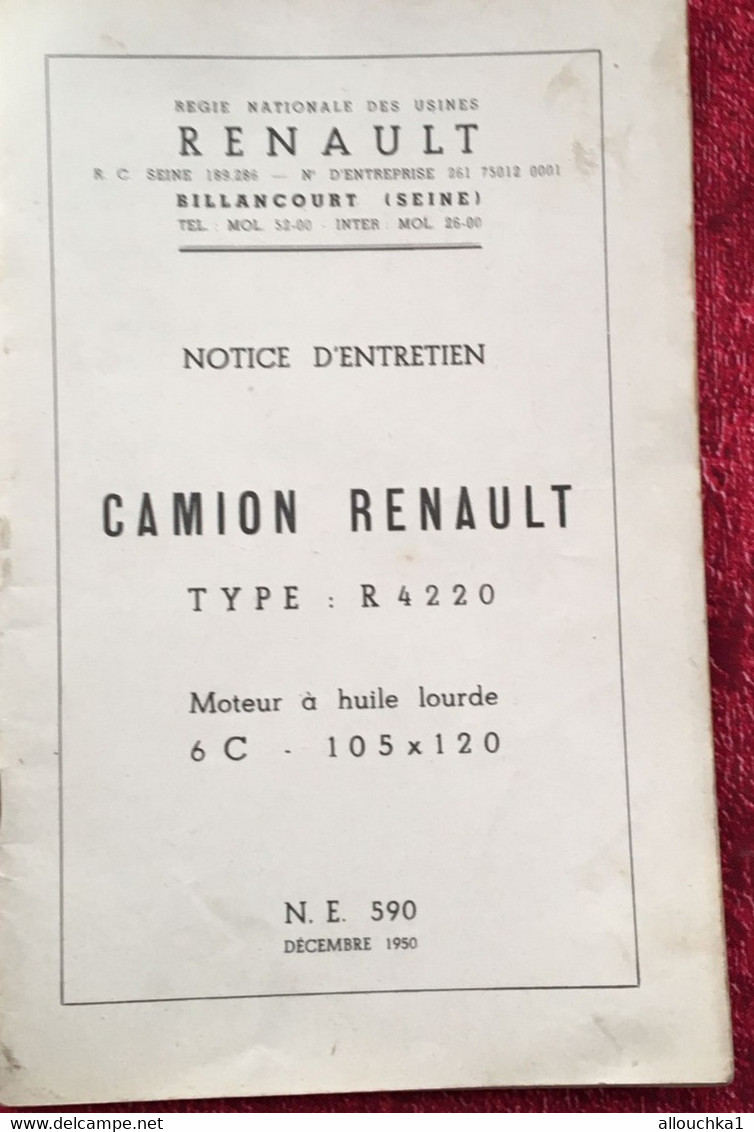 1950- Notice entretien Camion Renault 5 tonnes✔️Type R-42220-Moteur Huile lourde-6 C-105X120-regie nati usines Renault