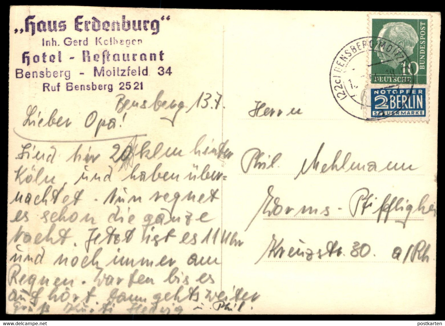 ÄLTERE POSTKARTE BENSBERG MOITZFELD HAUS ERDENBURG INHABER GERD KOLHAGEN BERGISCH GLADBACH Ansichtskarte Postcard Cpa AK - Bergisch Gladbach