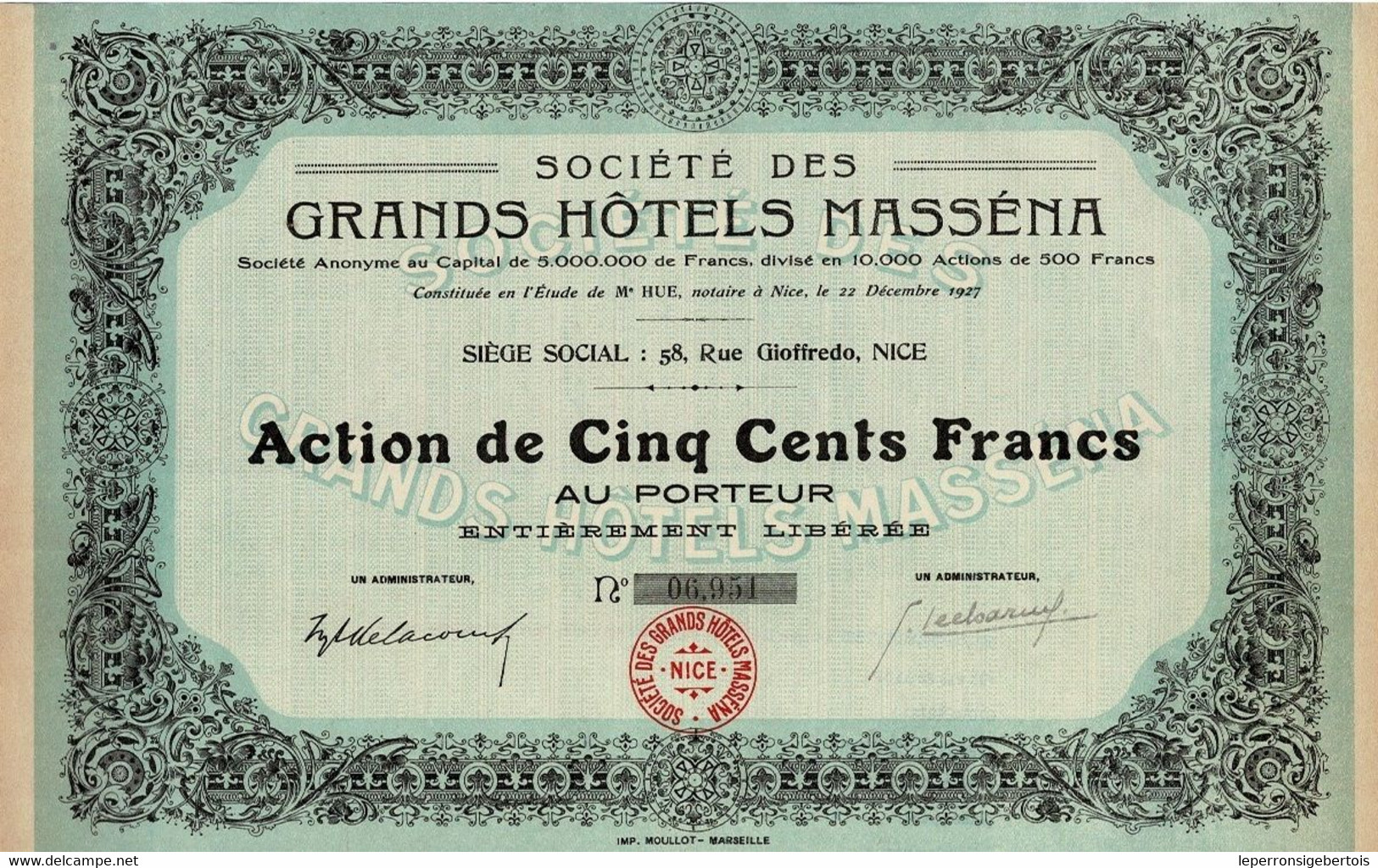 - Titre De 1927 - Société Des Grands Hôtels Masséna - Société Anonyme - N° 06951 - Tourismus