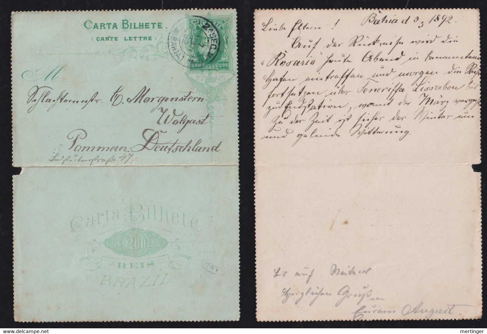 Brazil Brasil 1892 CB 16 200R Stationery Letter Card BAHIA X WOLGAST Perf. 11 ½ - Lettres & Documents