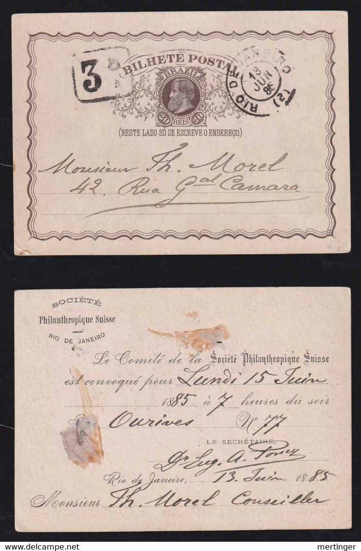 Brazil Brasil 1885 BP 11 20R Dom Pedro Stationery Card Used Private Imprint Societe Phianthropique Suisse Switzerland - Covers & Documents