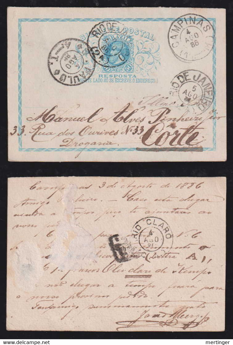 Brazil Brasil 1886 BP 13 R 50R Dom Pedro Stationery Answer Resposta Card CAMPINAS X RIO DE JANEIRO - Briefe U. Dokumente