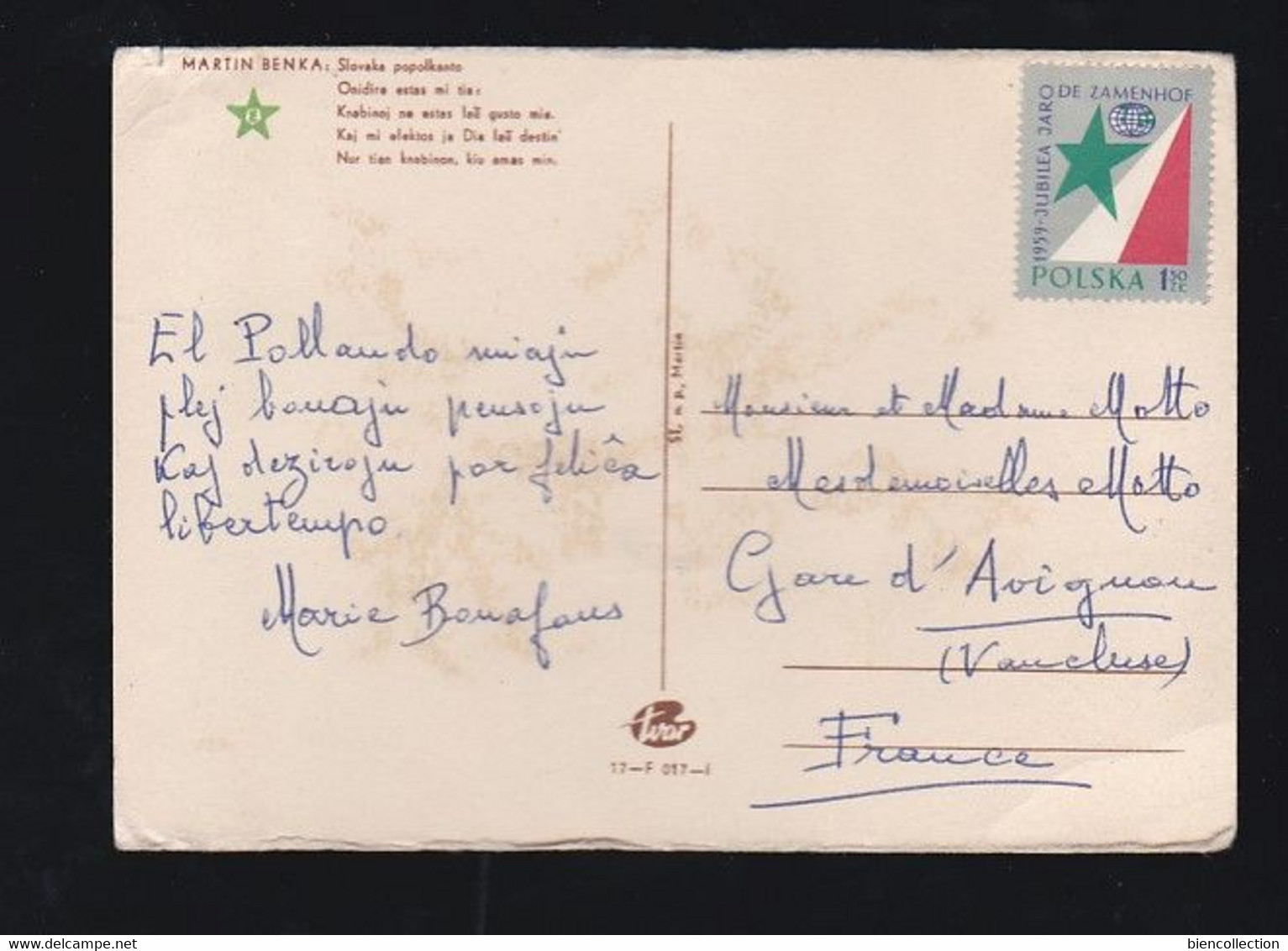 Carte Postale écrite Par Marie Bonnafous Poëte Espérantiste , Timbre Polonais Jubilé De Zamenhof - Esperanto