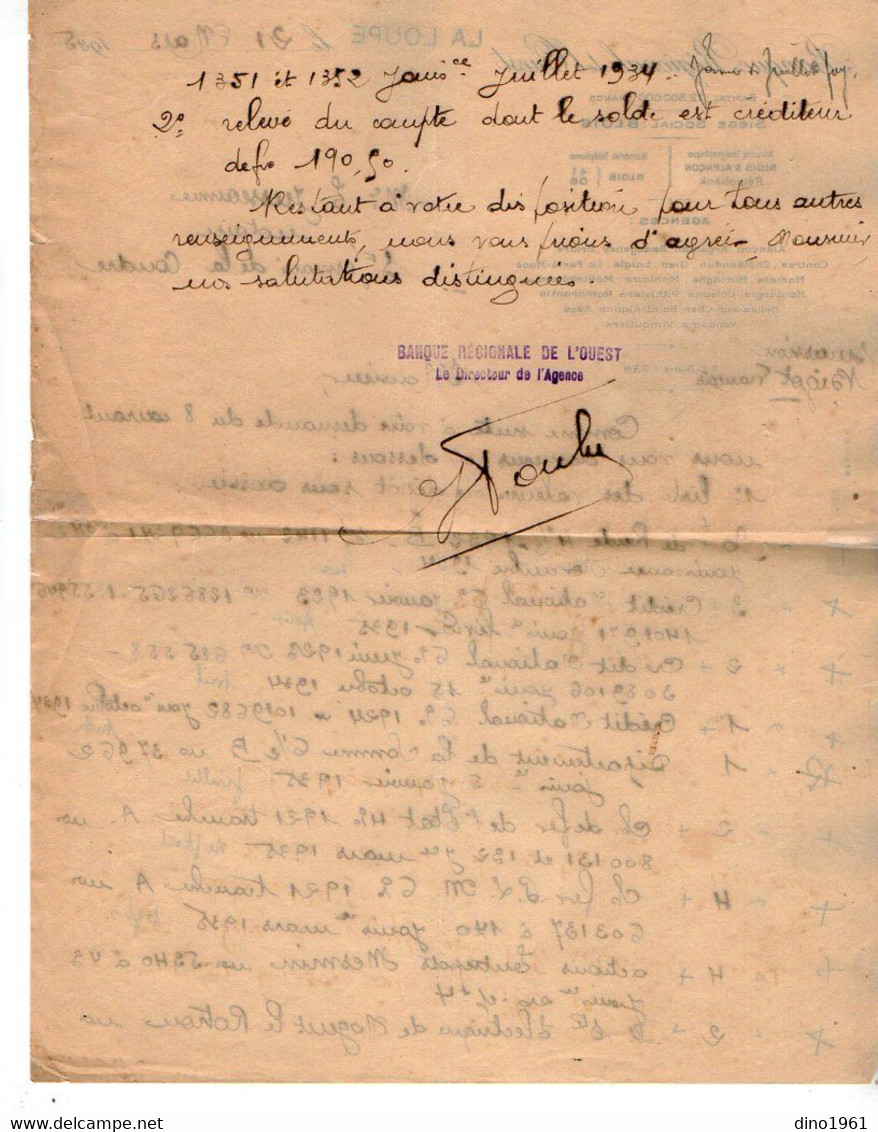 VP21.544 - LA LOUPE 1935 - Lettre De La Banque Régionale De L'Ouest - Siège à BLOIS Pour SAINT GERMAIN DE LA COUDRE - Banque & Assurance