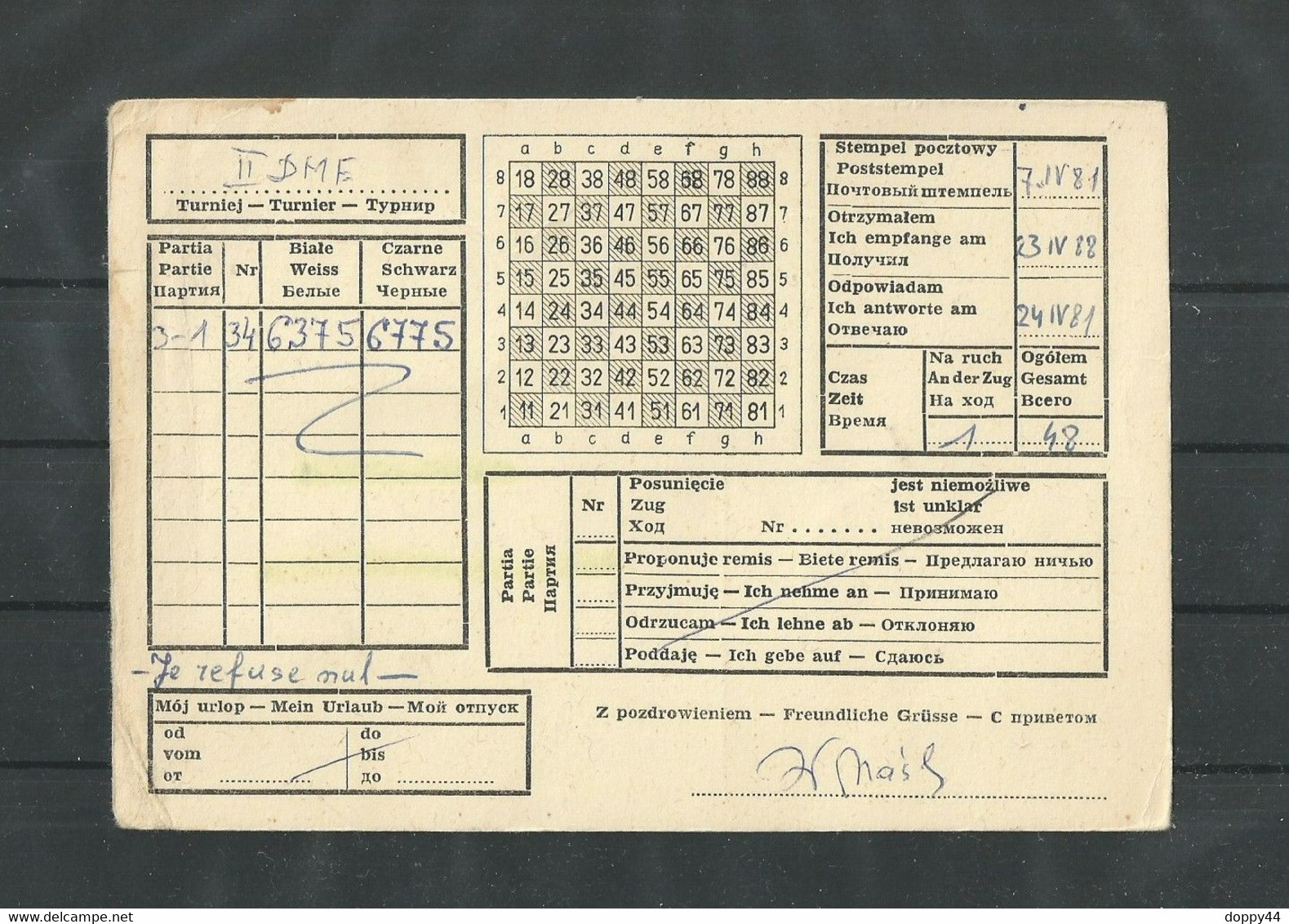 CARTE POSTALE CORRESPONDANCE JOUEURS D'ECHECS POLOGNE  VERS FRANCE . - Chess