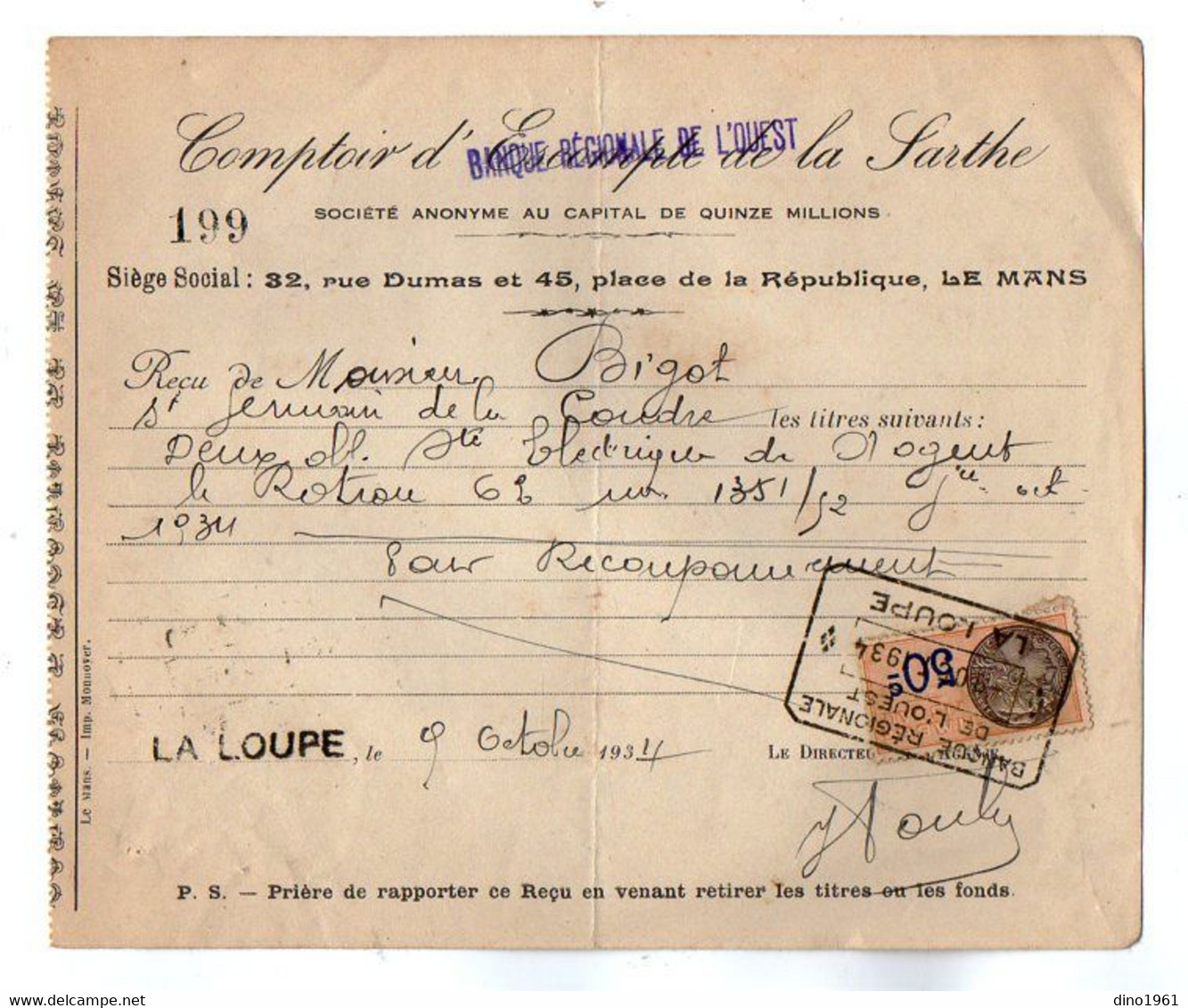 VP21.546 - LA LOUPE X LE MANS 1934 - Reçu De La Banque Régionale De L'Ouest - Mr BIGOT à SAINT GERMAIN DE LA COUDRE - Banque & Assurance