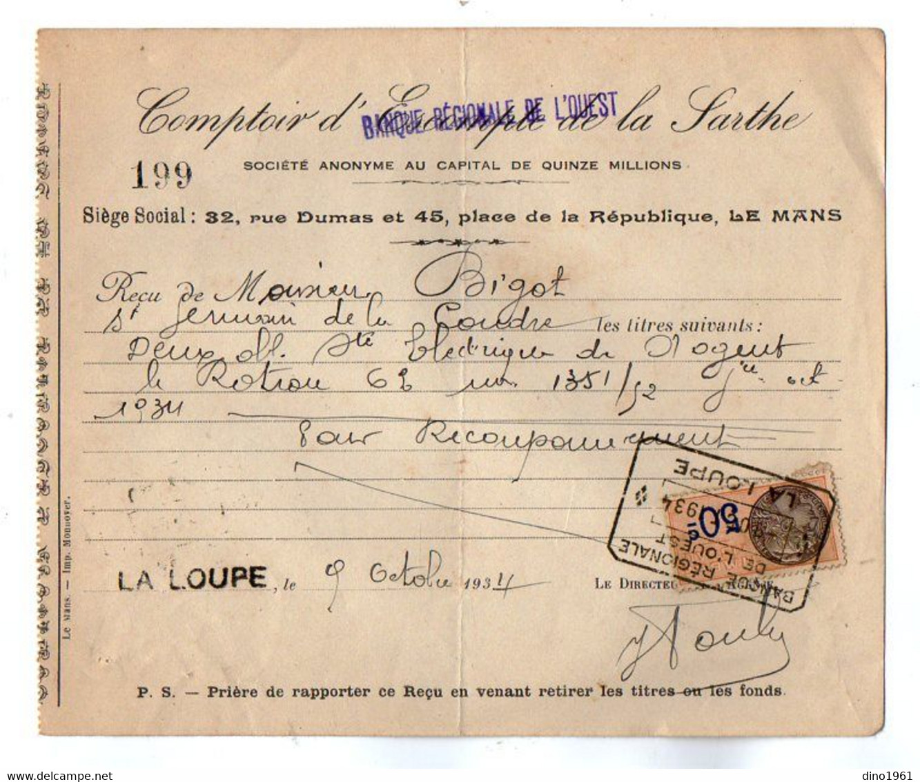 VP21.546 - LA LOUPE X LE MANS 1934 - Reçu De La Banque Régionale De L'Ouest - Mr BIGOT à SAINT GERMAIN DE LA COUDRE - Banco & Caja De Ahorros