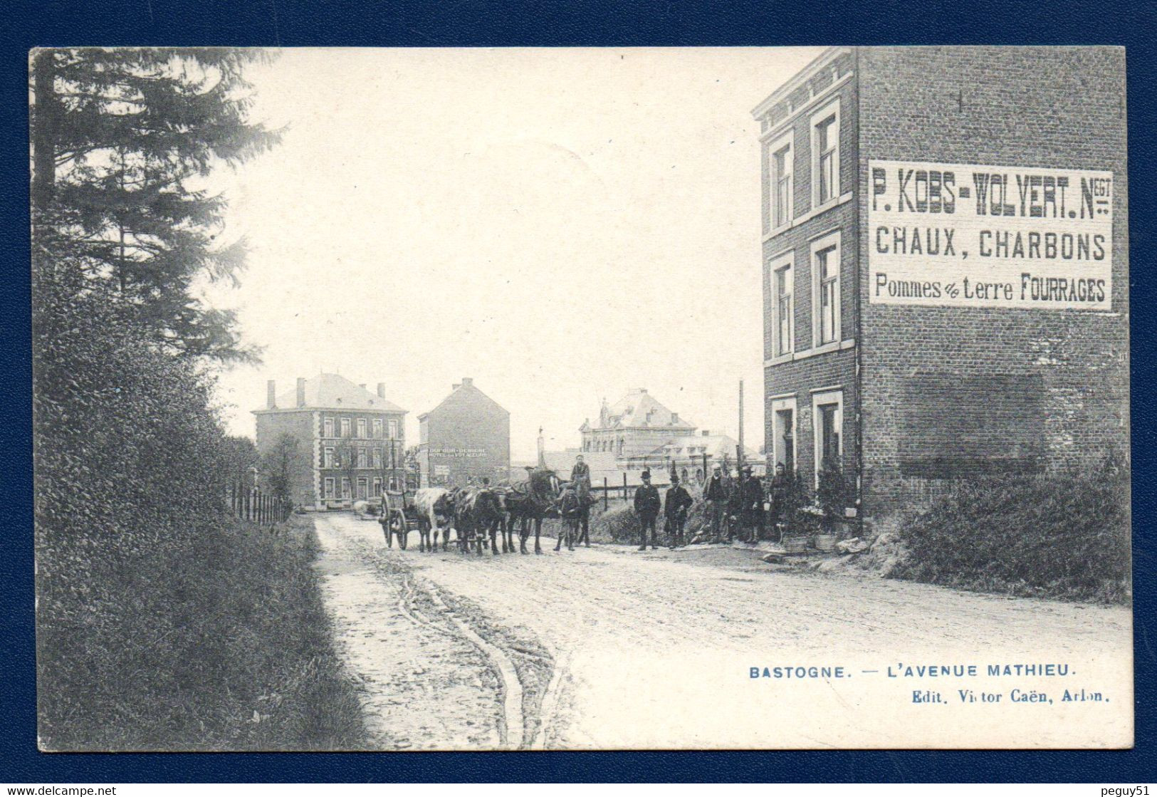 Bastogne. L'avenue Mathieu. Hôtel Du Commerce. Hôtel Des Voyageurs. Attelages, Passants. Pub. Kobs-Wolvert. 1910 - Bastogne