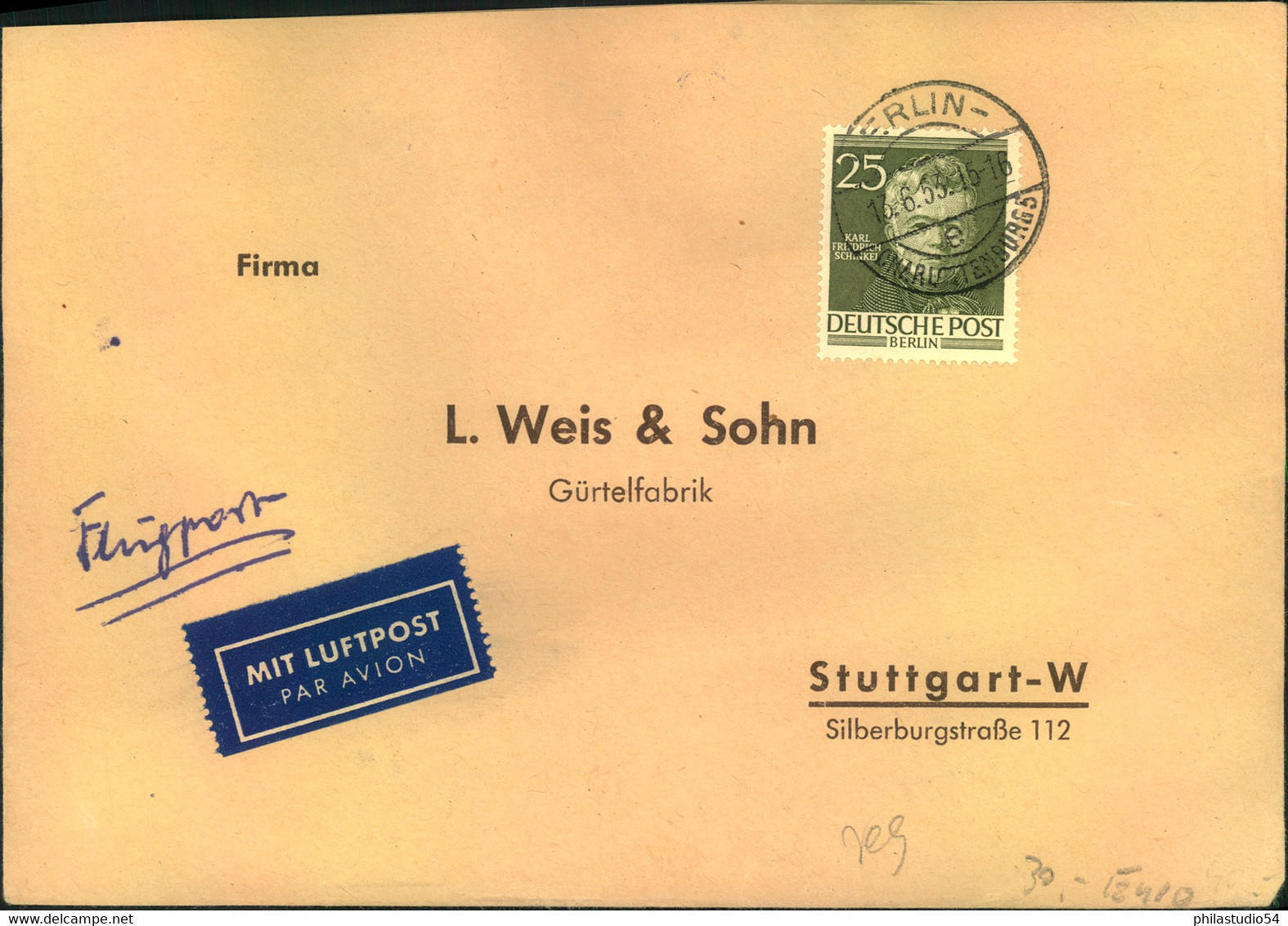 1953, 25 Pf. Schinkel Als EF Auf Luftpostbrief Ab BERLIN - CHARLOTTENBURG - Blokken