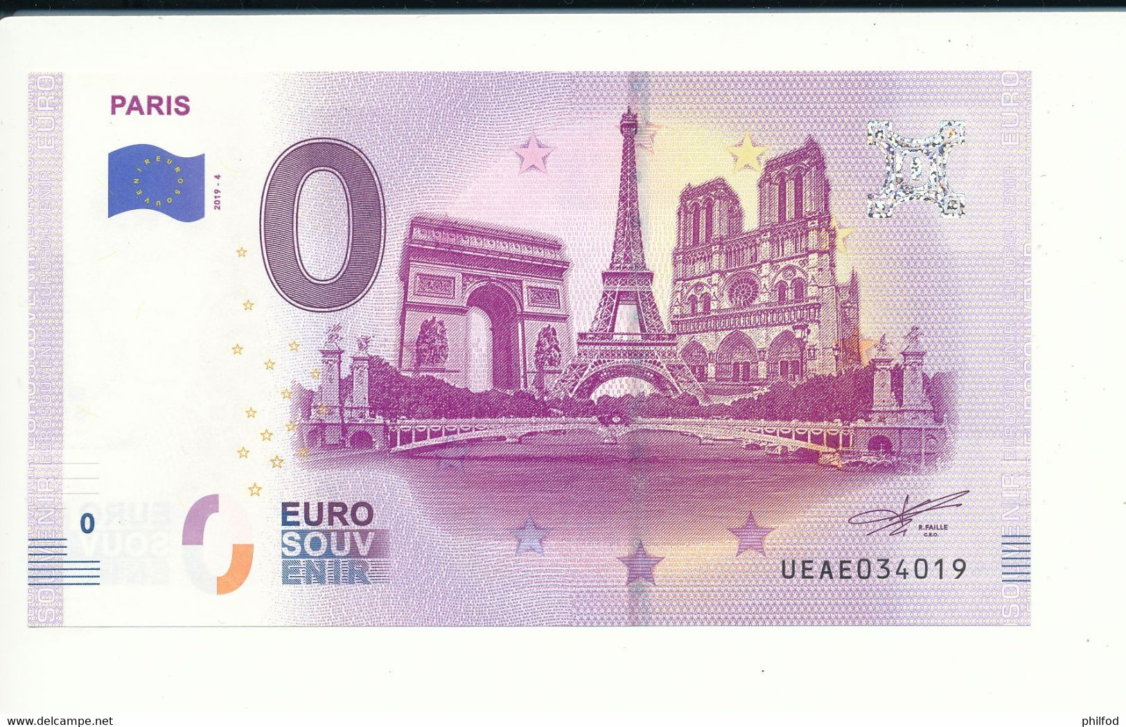 Billet Touristique 0 Euro - PARIS - UEAE - 2019-4 - N° 34019 - Autres & Non Classés