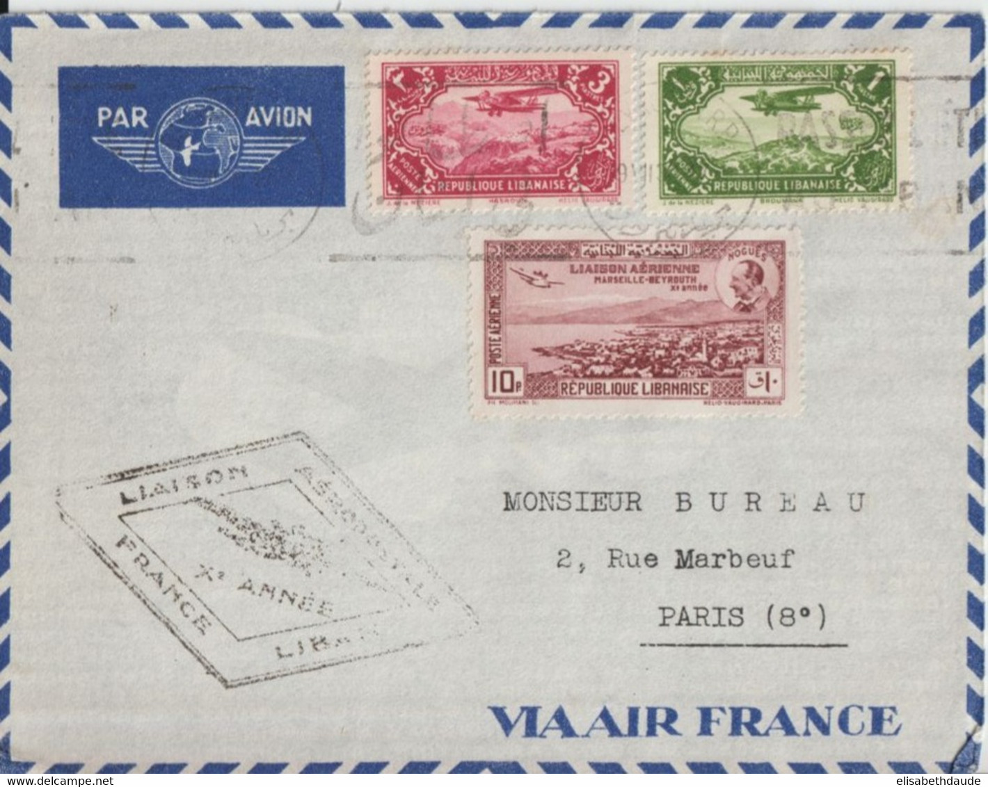 1938 - LIBAN -ENVELOPPE PAR AVION X° ANNEE LIAISON AEROPOSTALE De BEYROUTH => PARIS - Liban