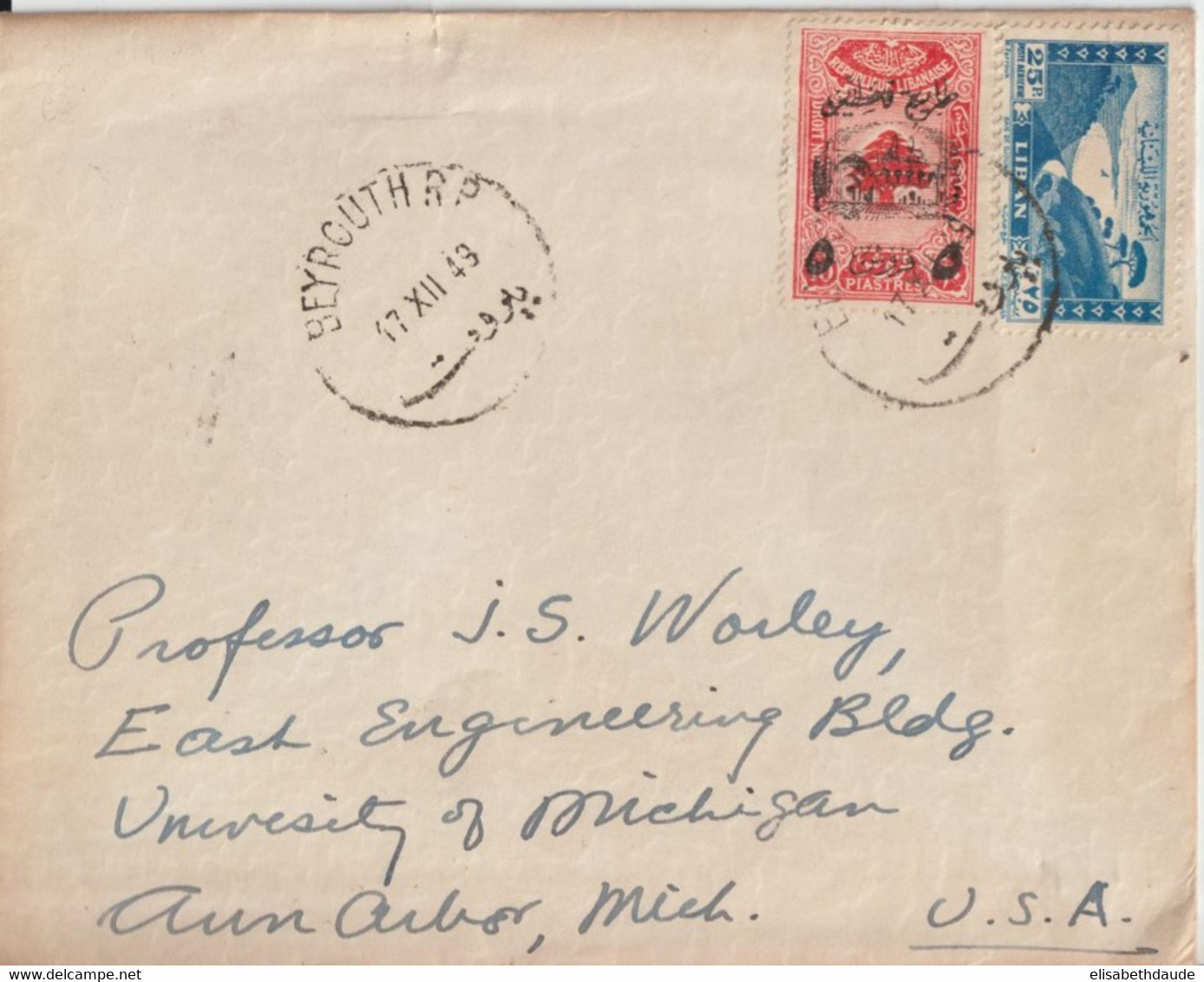 1949 - LIBAN - TIMBRE FISCAL Sur ENVELOPPE De BEYROUTH => MICHIGAN (USA) - Libanon