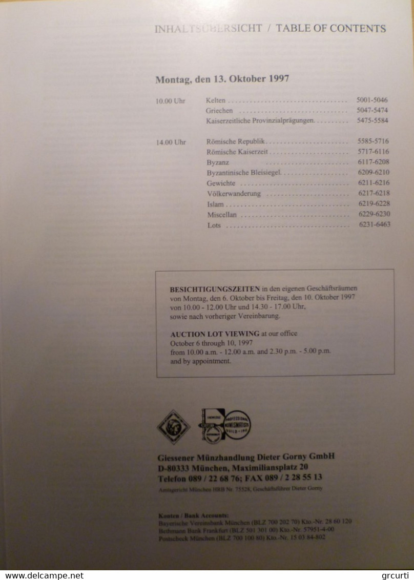 Catalogo D'asta GM "Giessener Munzhandlung Dieter Gorny Gmbh" - Asta N. 84 - 13/10/1997 - Livres & Logiciels