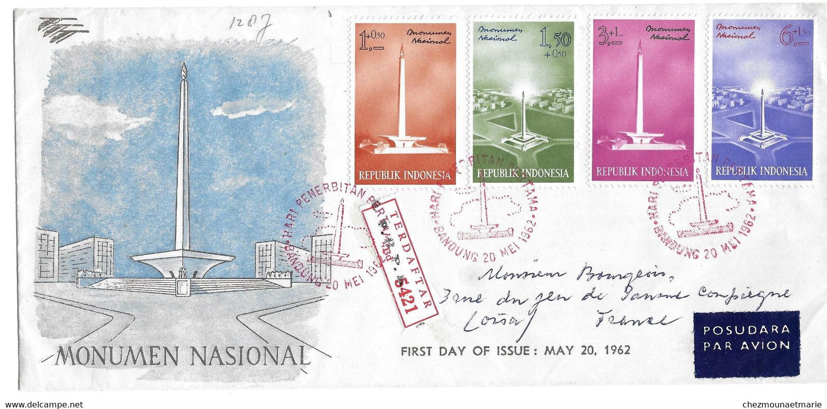 1962 FDC MONUMEN NASIONAL REC LETTRE RECOMMANDEE TIMBRES SUR ENVELOPPE - Indonesië