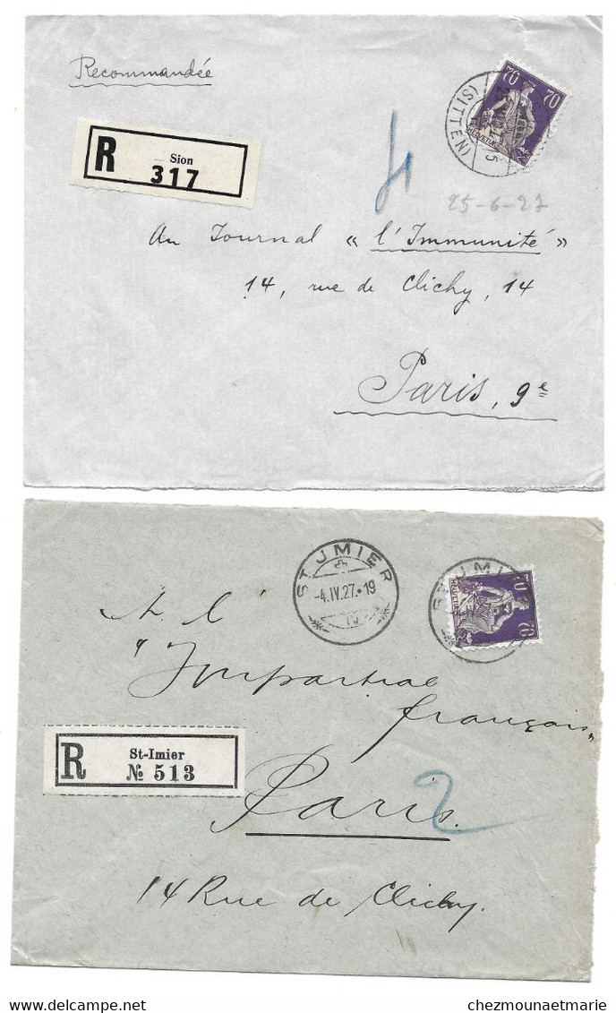 SUISSE ST IMIER SION REC LETTRE RECOMMANDEE LOT DE 2 - Covers & Documents