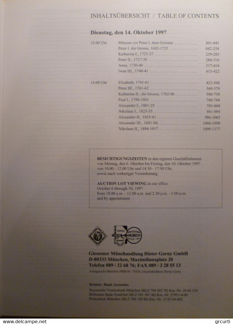 Catalogo D'asta GM "Giessener Munzhandlung Dieter Gorny Gmbh" - Asta N. 85 - 14/10/1997 - Livres & Logiciels