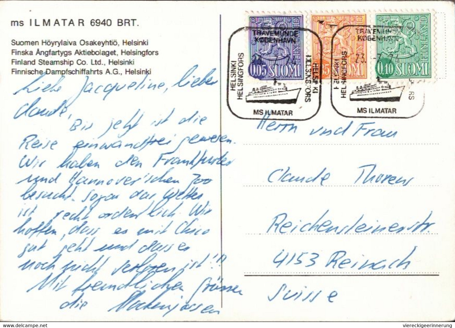 ! 1974 Ansichtskarte MS Ilmatar, Finland, Schiffspoststempel Helsinki Travemünde - Ferries