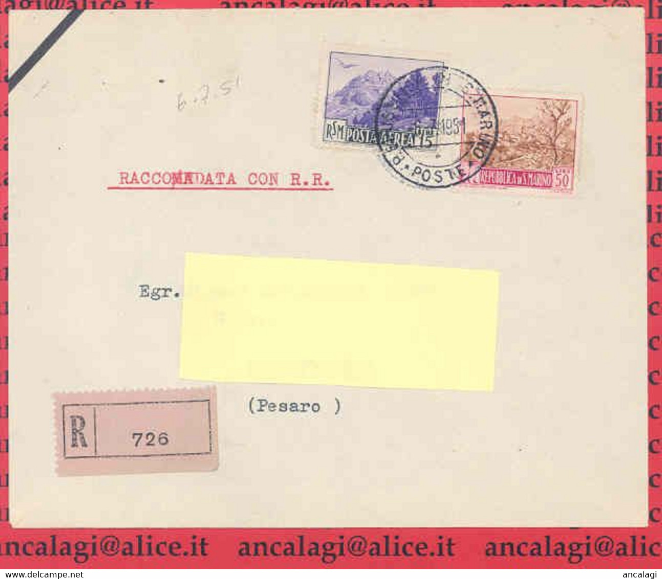 SAN MARINO 1951 - St.Post.015 - Busta Raccomandata, Serie "PAESAGGI" - Vedi Descrizione - - Brieven En Documenten