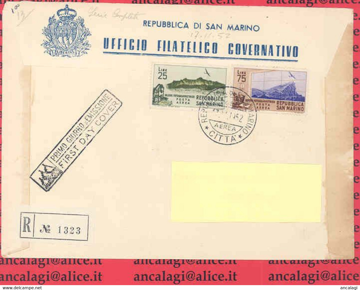 SAN MARINO 1952 - St.Post.016 - Busta FDC Raccomandata, Serie Di 2v. "RILIEVO FOTOGRAMMETRICO" - Vedi Descrizione - - Cartas & Documentos