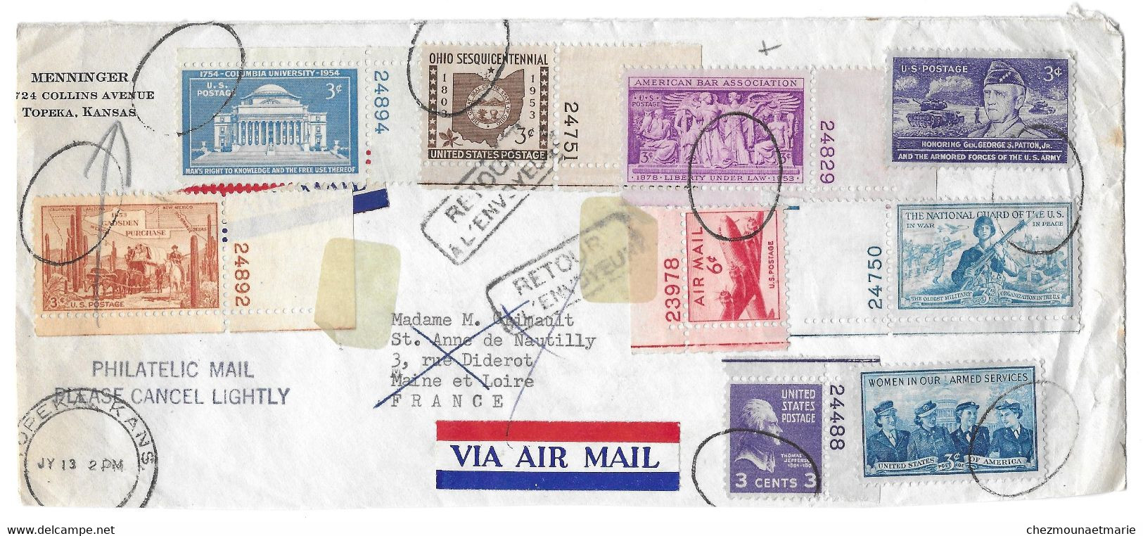 1954 ETATS UNIS TIMBRES NUMEROTES RETOUR A L ENVOYEUR - Brieven En Documenten