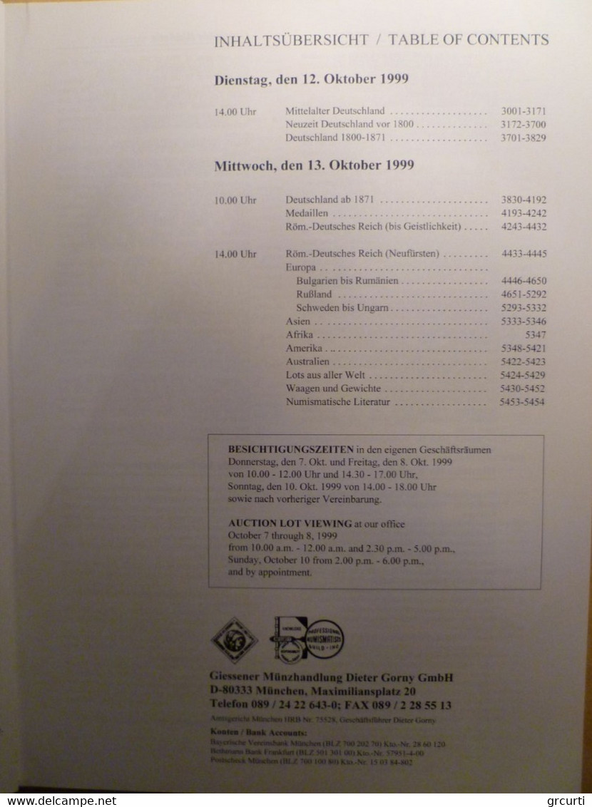 Catalogo D'asta GM "Giessener Munzhandlung Dieter Gorny Gmbh" - Asta N. 99 - 12-13/10/1999 - Livres & Logiciels