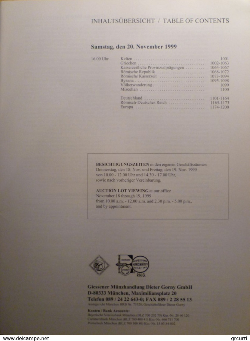 Catalogo D'asta GM "Giessener Munzhandlung Dieter Gorny Gmbh" - Asta N. 100 - 20/11/1999 - Livres & Logiciels