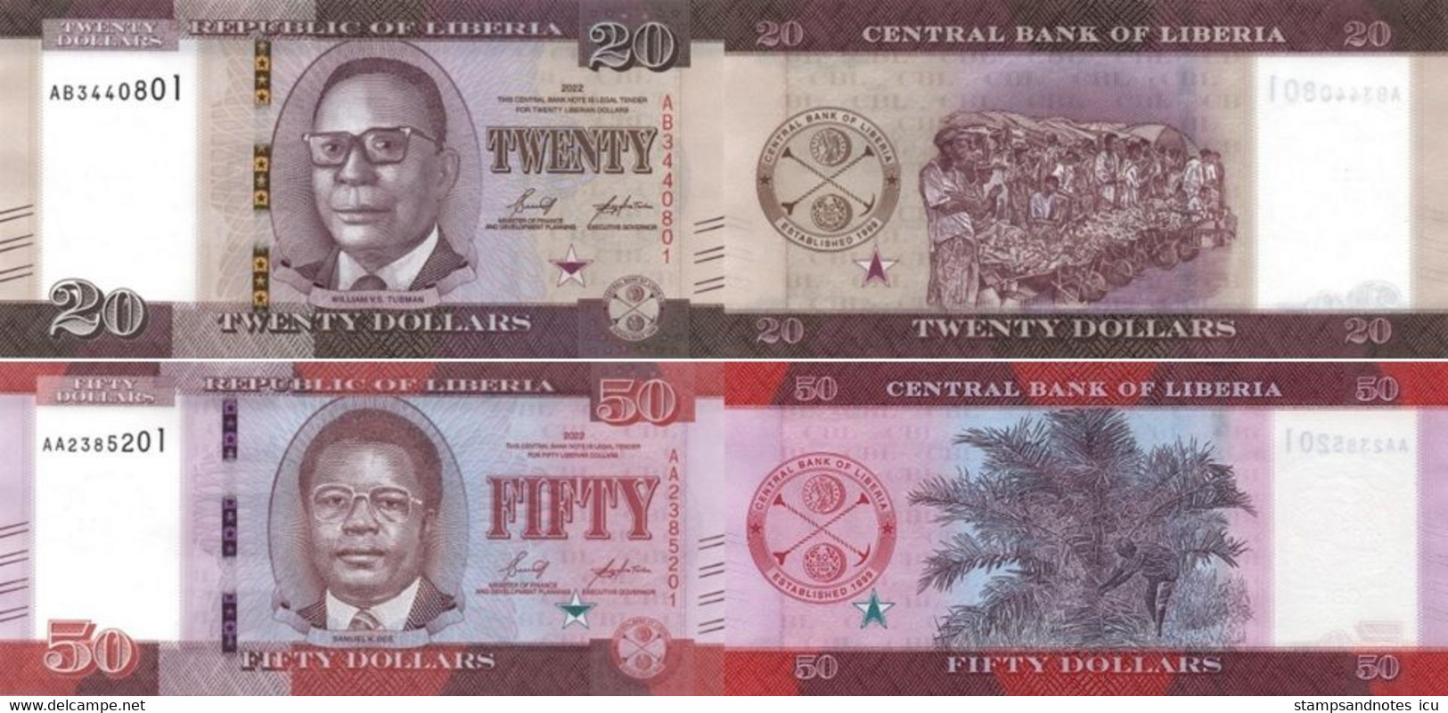LIBERIA 20 50 Dollars 2022 P W39 W40  UNC 2 Banknotes Set Of 2022 Matching Two Last Serials - Liberia