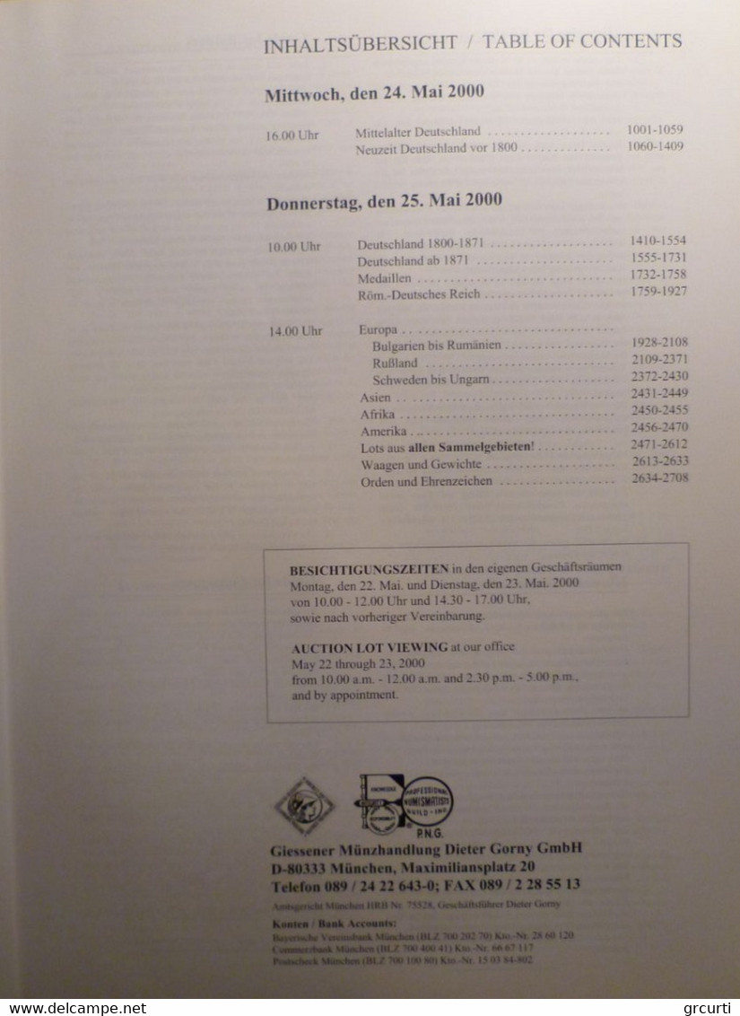 Catalogo D'asta GM "Giessener Munzhandlung Dieter Gorny Gmbh" - Asta N. 103 - 24-25/05/2000 - Livres & Logiciels