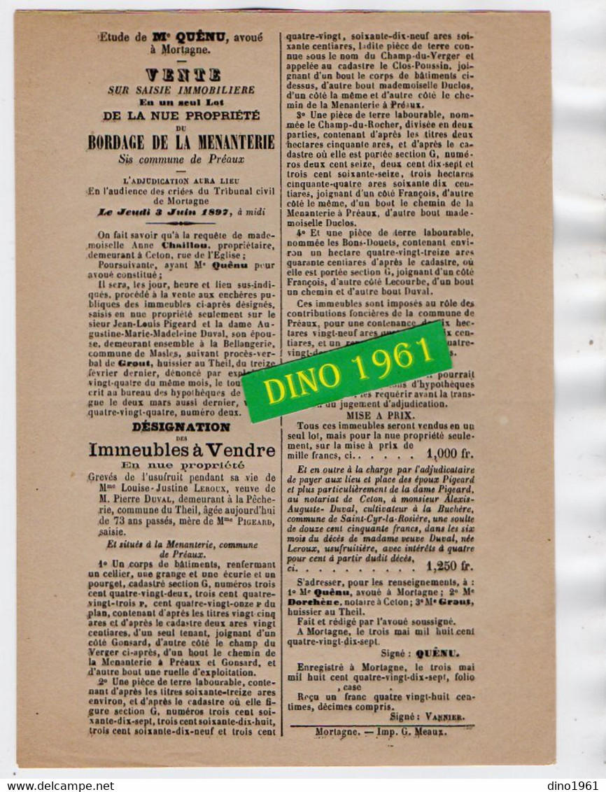 VP21.548 - Affichette - 1897 - Etude De Me QUENU Avoué à MORTAGNE - Vente Du Bordage De La Menanterie Sis à LE PREAUX - Manifesti