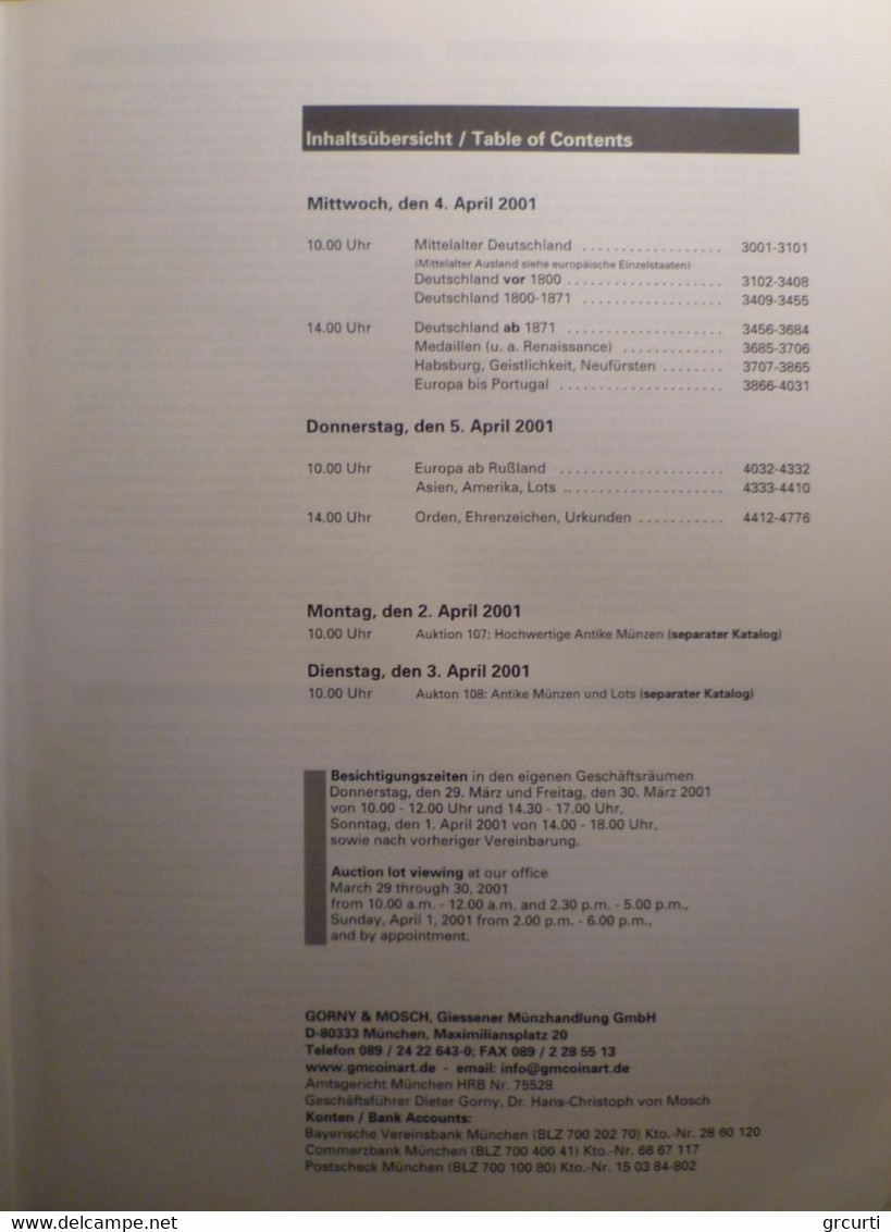 Catalogo D'asta GM "Gorny & Mosch - Giessener Munzhandlung" - Asta N. 109 - 04-05/04/2001 - Livres & Logiciels