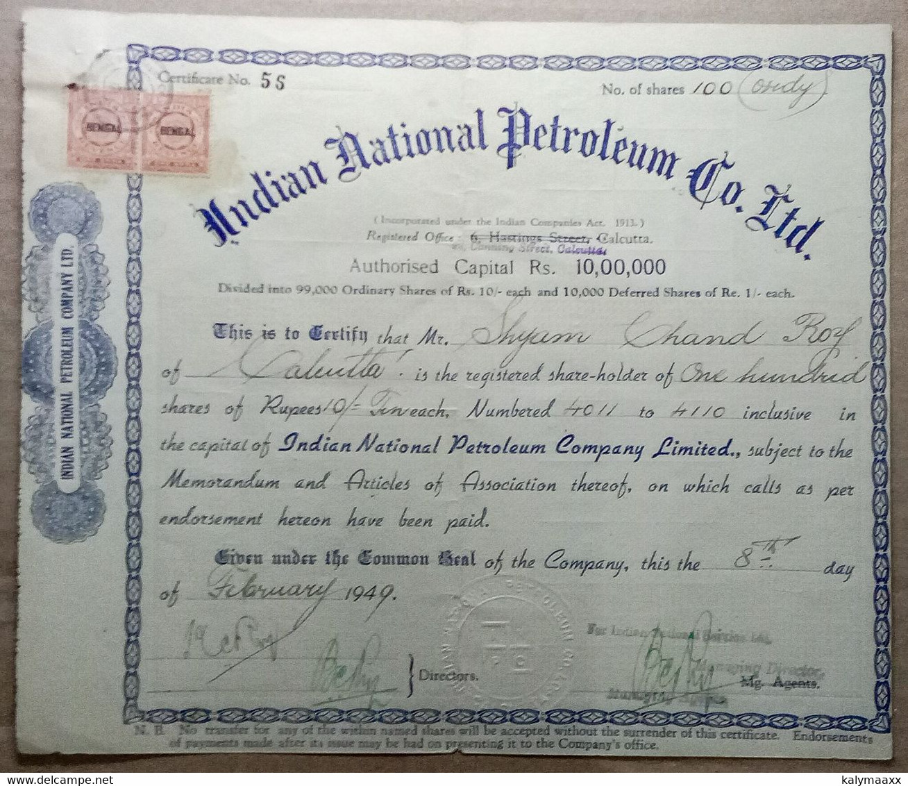 INDIA 1949 INDIAN NATIONAL PETROLEUM CO. LTD.,.....SHARE CERTIFICATE - Petrolio