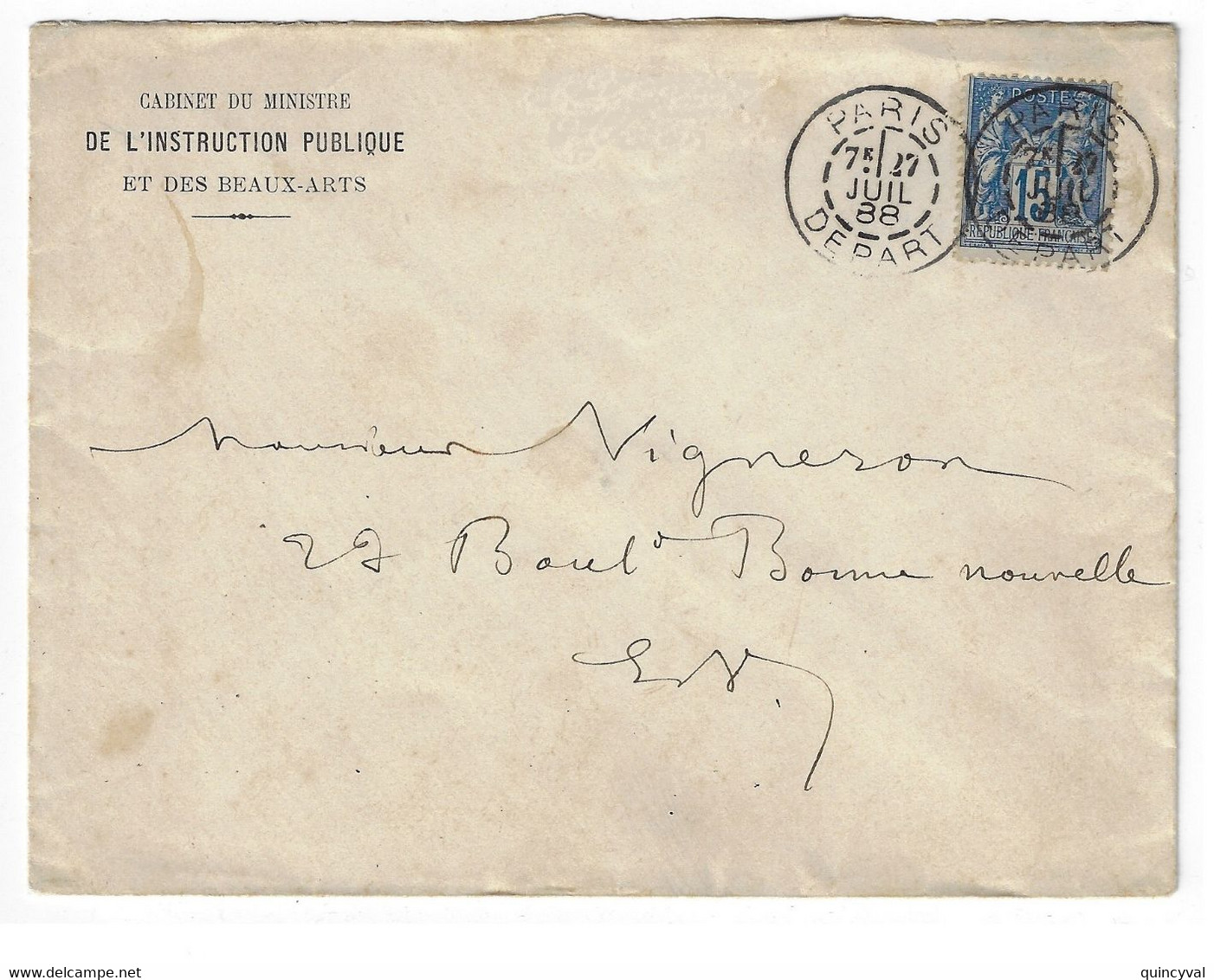 PARIS DEPART Lettre Entête Cabinet Du Ministre De L'INSTRUCTION PUBLIQUE Et Des Beaux Arts 15 C Sage Yv 90 Ob 27 7 1888 - 1877-1920: Semi-Moderne