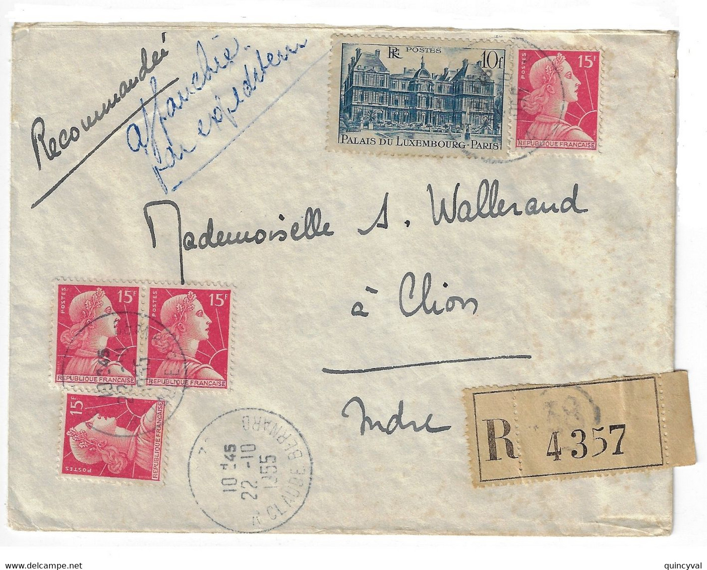 PARIS Lettre Recommandée 15 F Muller 10 F Palais Luxembourg Yv 1011 760 Ob 1955 Dest Clion Indre - Covers & Documents