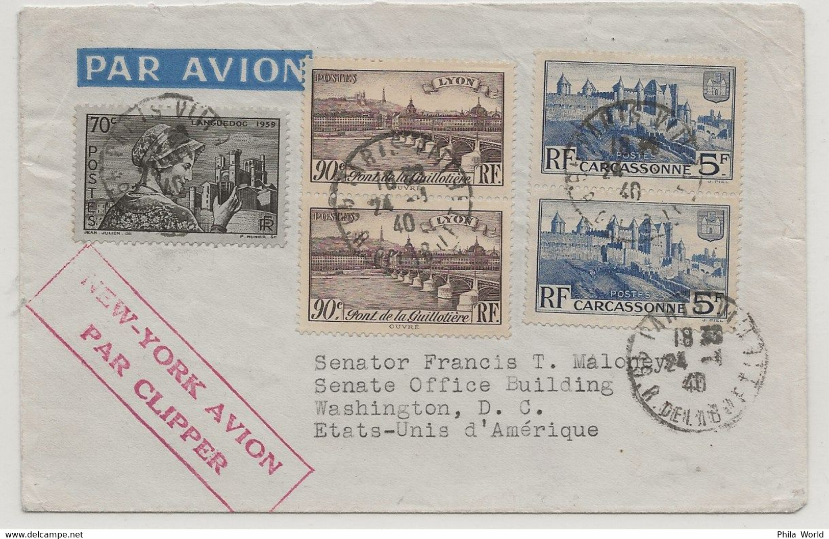 PANAM 1940 France USA Washington Cachet NEW YORK AVION PAR CLIPPER Pour Sénateur From US EMBASSY PARIS - Avions