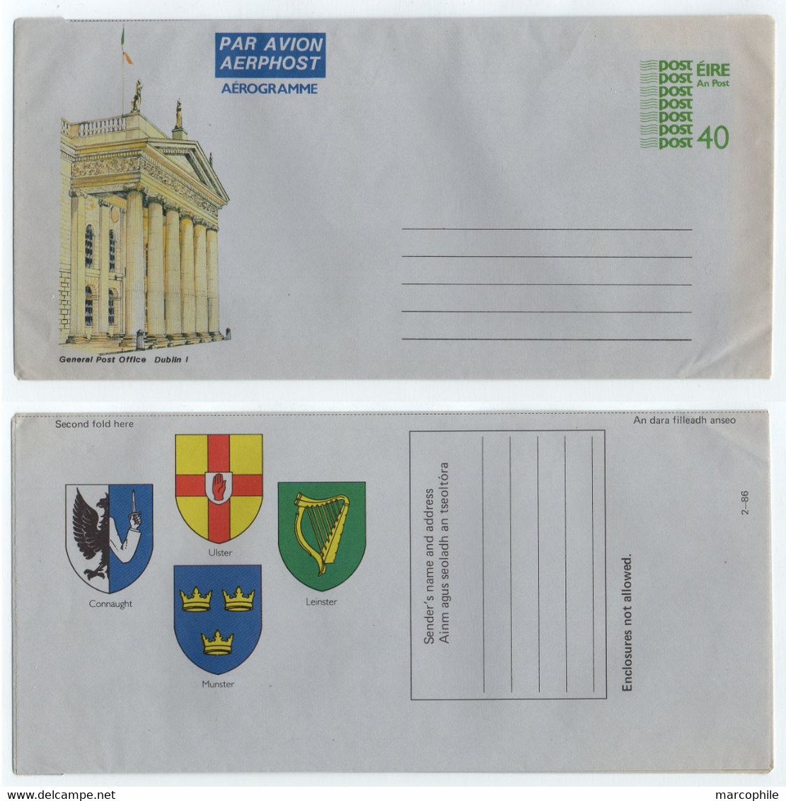 EIRE - IRLANDE  / AEROGRAMME NEUF ILLUSTRE - ENTIER POSTAL - STATIONERY - AIR LETTER (ref 5102) - Postal Stationery