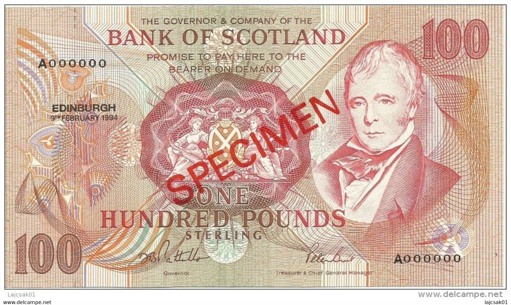 Bank Of Scotland 100 Pounds 1994. UNC SPECIMEN P-118A Sign.b - 100 Pond