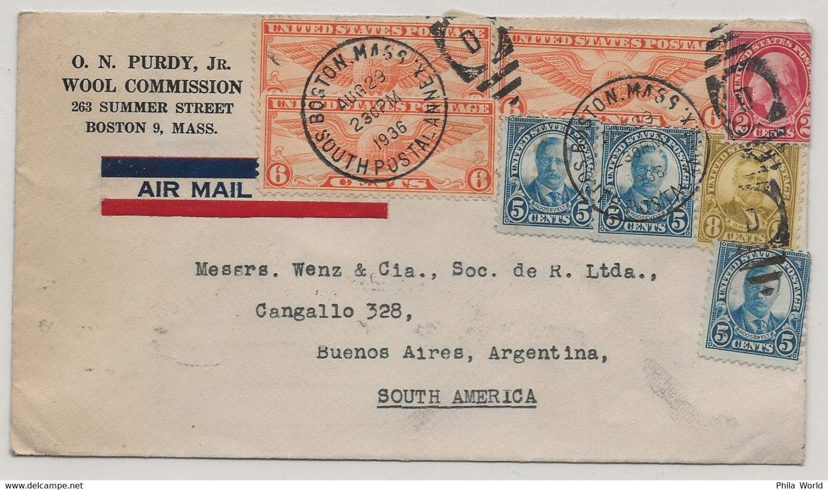 PANAM PAA 1936 USA United States Postage Boston ARGENTINA Buenos Aires Par Avion Correo Aereo Via Air Mail - Aviones
